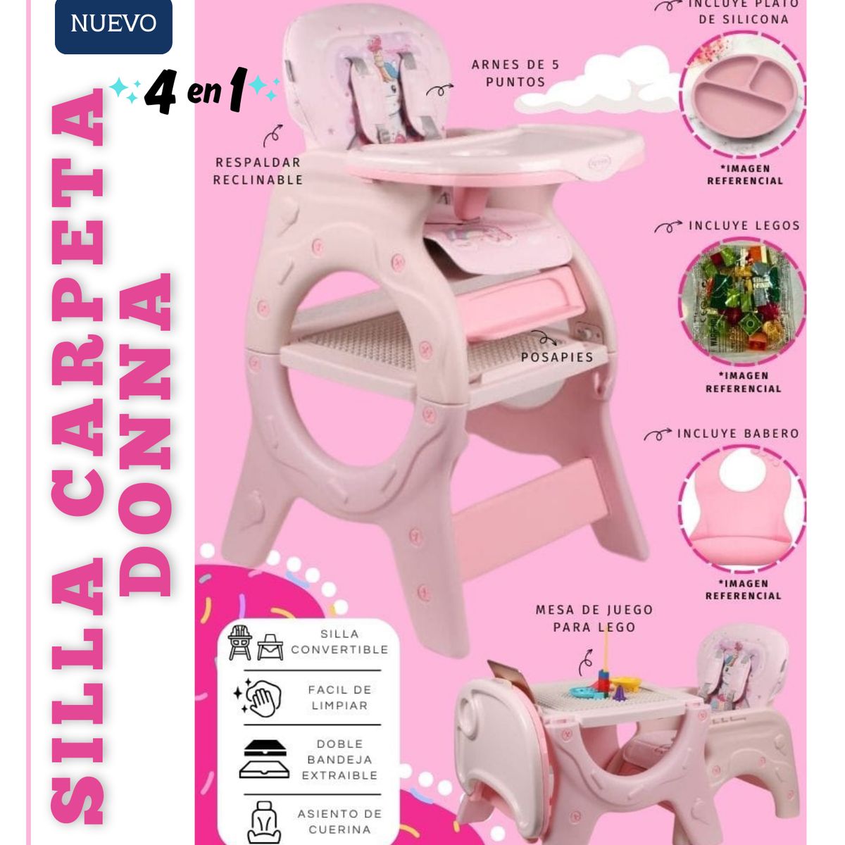 GENERICO - SILLA DE COMER PARA BEBE CARPETA 4 EN 1 DONNA - ROSADO