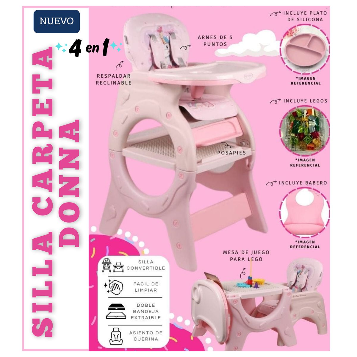 GENERICO - SILLA DE COMER PARA BEBE CARPETA 4 EN 1 DONNA - ROSADO