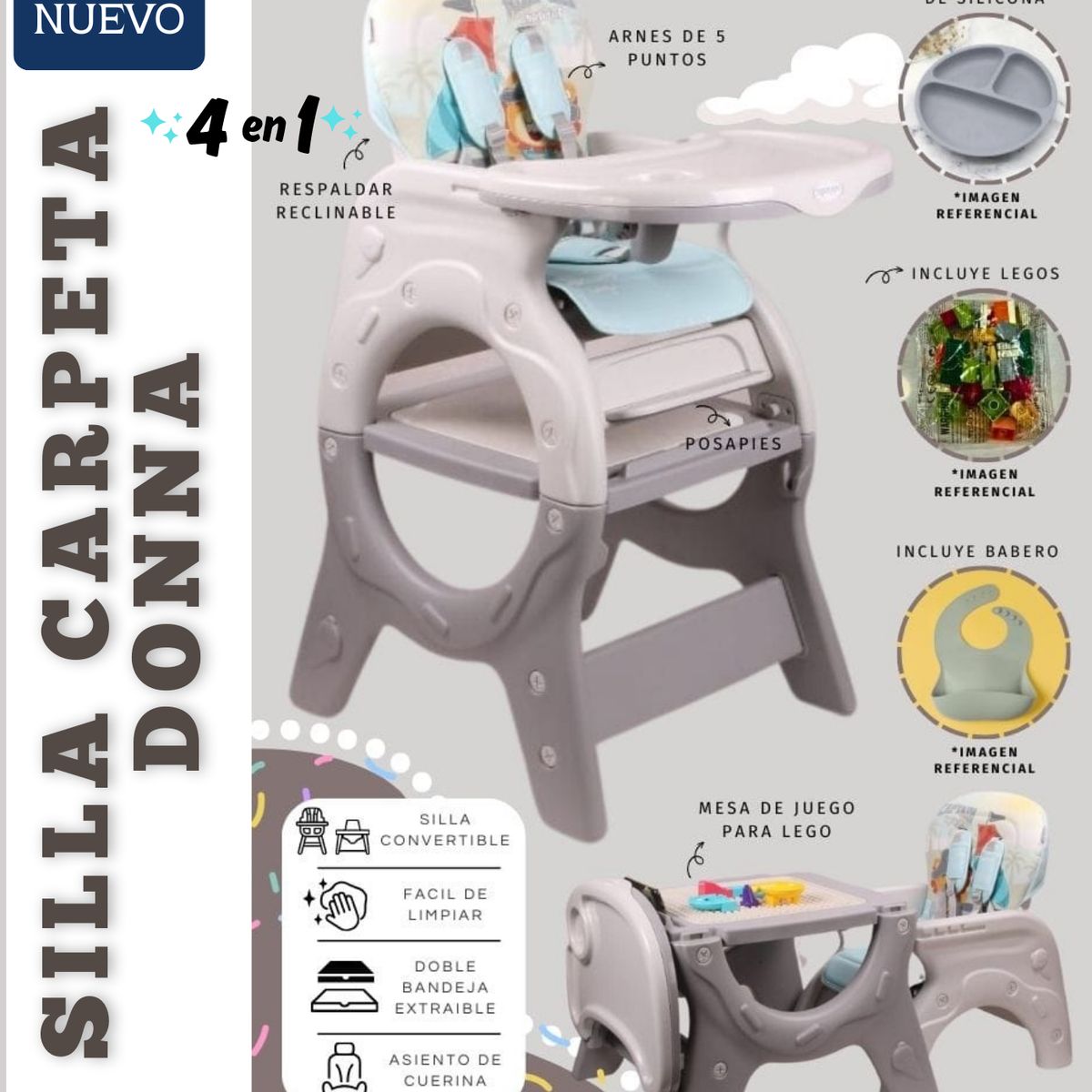 GENERICO - SILLA DE COMER PARA BEBE CARPETA 4 EN 1 DONNA - PLOMO