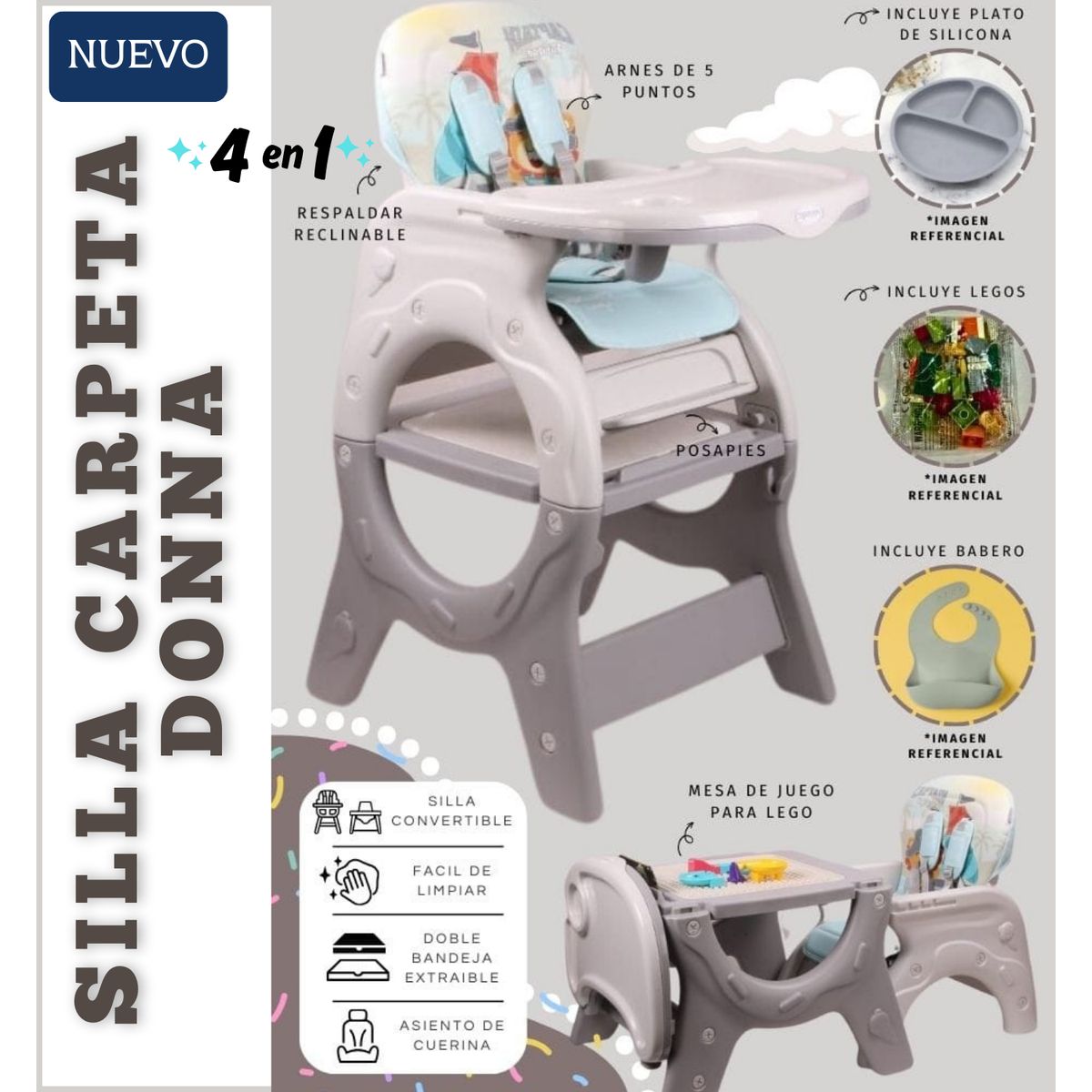 GENERICO - SILLA DE COMER PARA BEBE CARPETA 4 EN 1 DONNA - PLOMO
