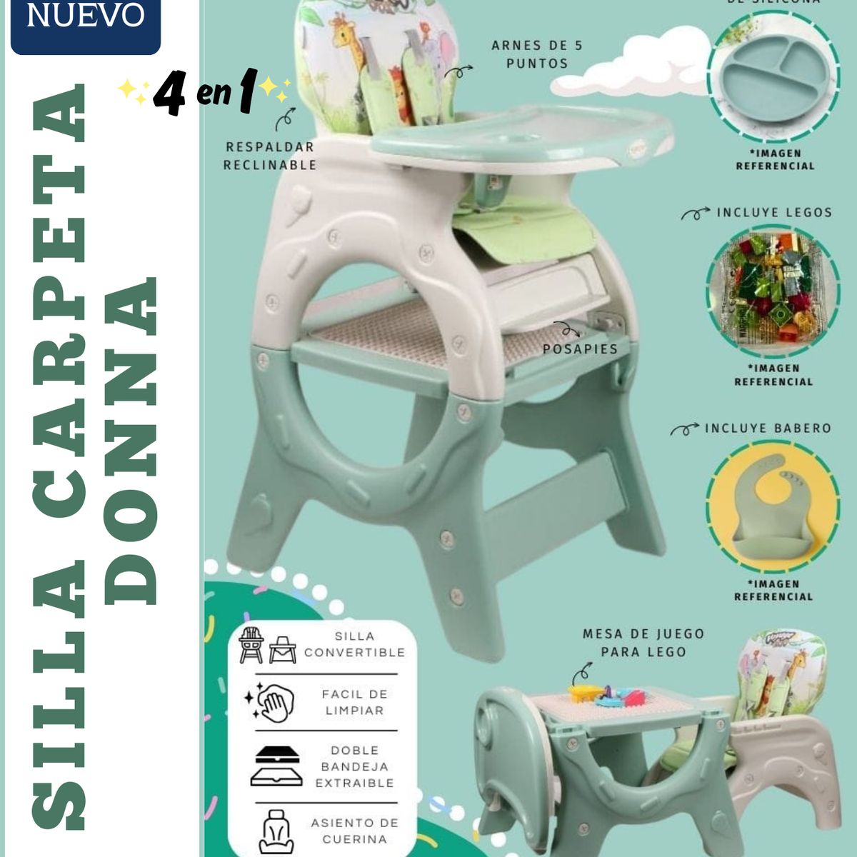 GENERICO - SILLA CARPETA DONNA VERDE con platito legos y babero