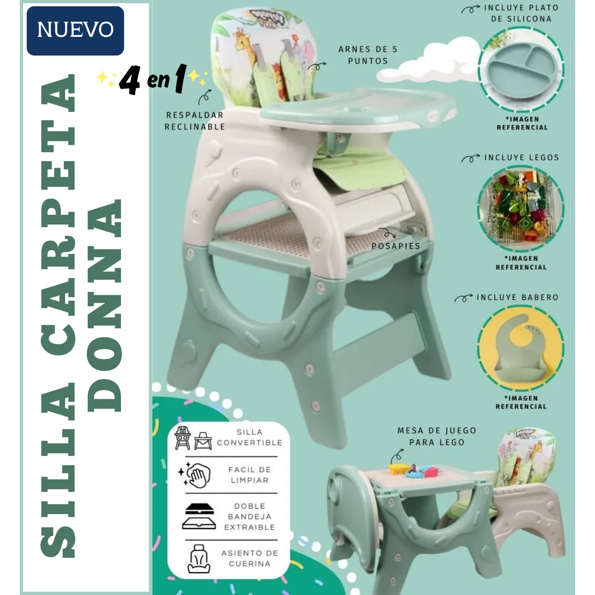 GENERICO - SILLA CARPETA DONNA VERDE con platito legos y babero