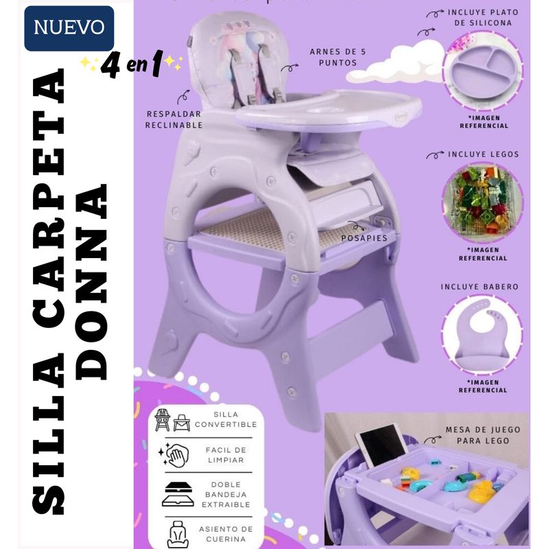 GENERICO - SILLA DE COMER CARPETA DONNA LILA- platito legos y babero