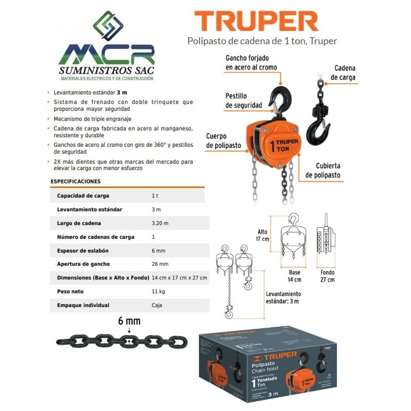 TRUPER - Tecle con cadena de 1 toneladas Truper