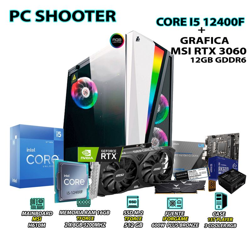 INTEL - Computadora Gamer Shooter Core i5 12400F RAM 16GB SSD 500GB RTX 3060 12GB.