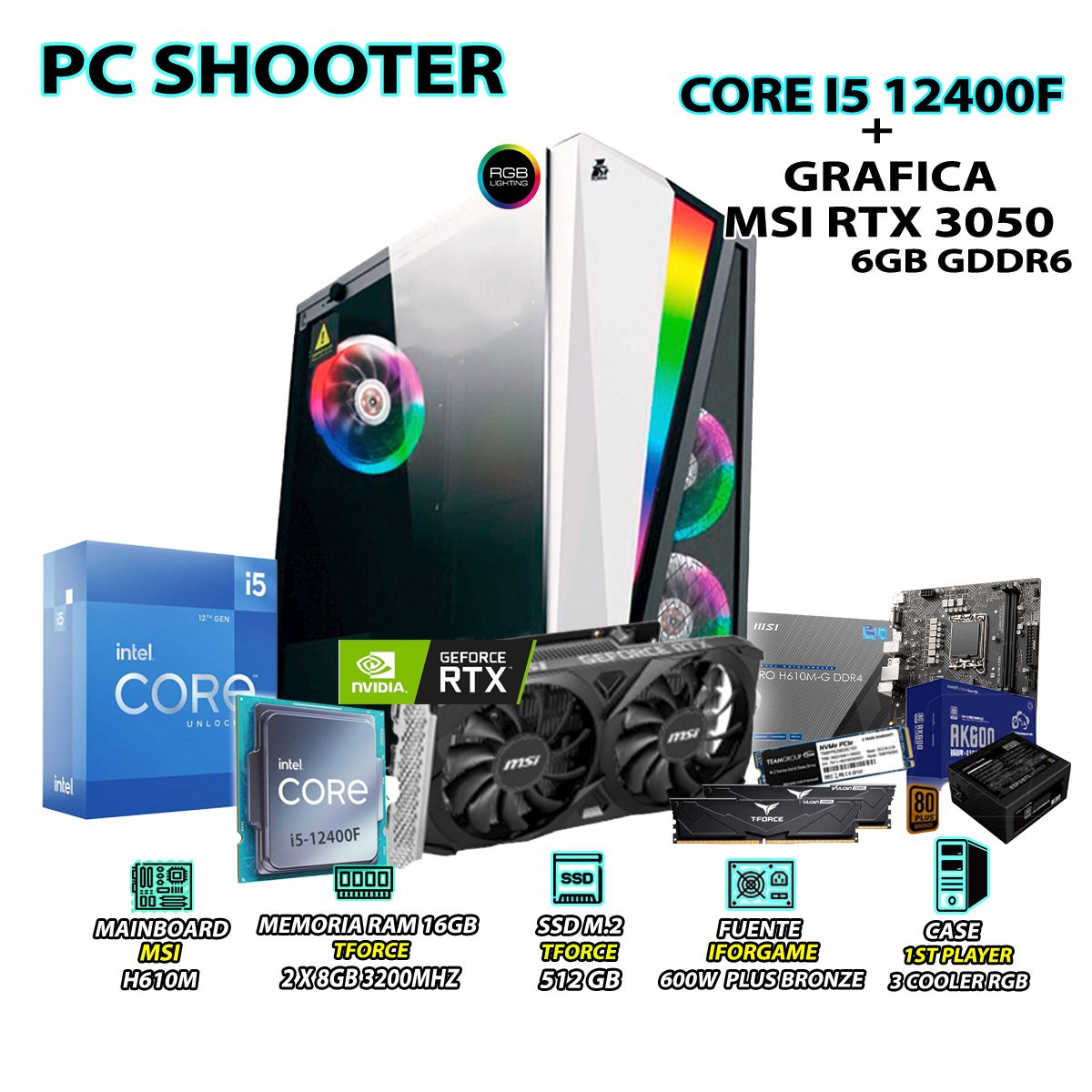 INTEL - Computadora Gamer Shooter Core i5 12400F RAM 16GB SSD 500GB RTX 3050 6GB