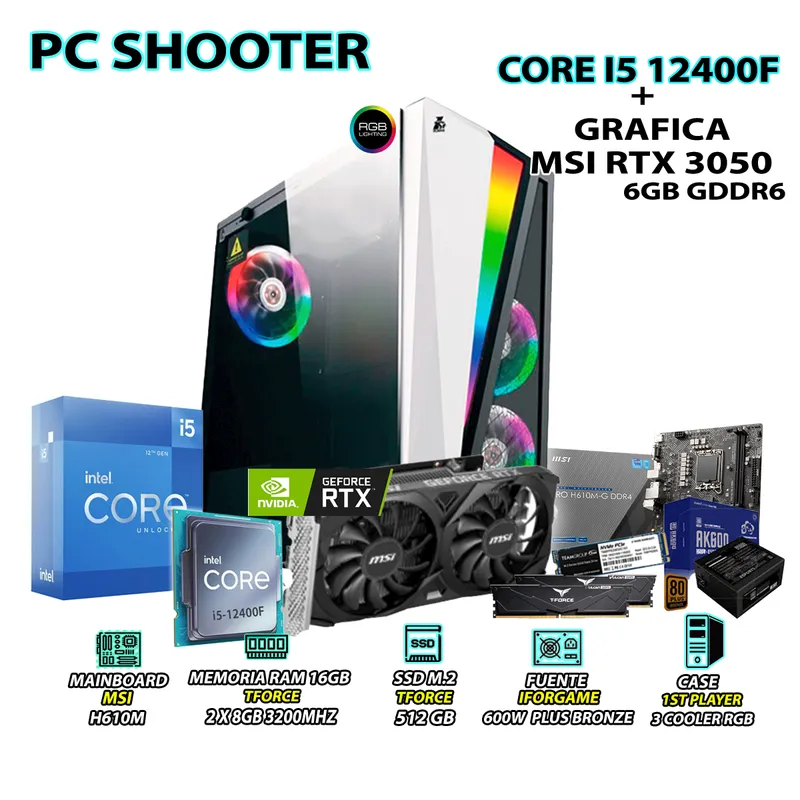 INTEL - Computadora Gamer Shooter Core i5 12400F RAM 16GB SSD 500GB RTX 3050 6GB