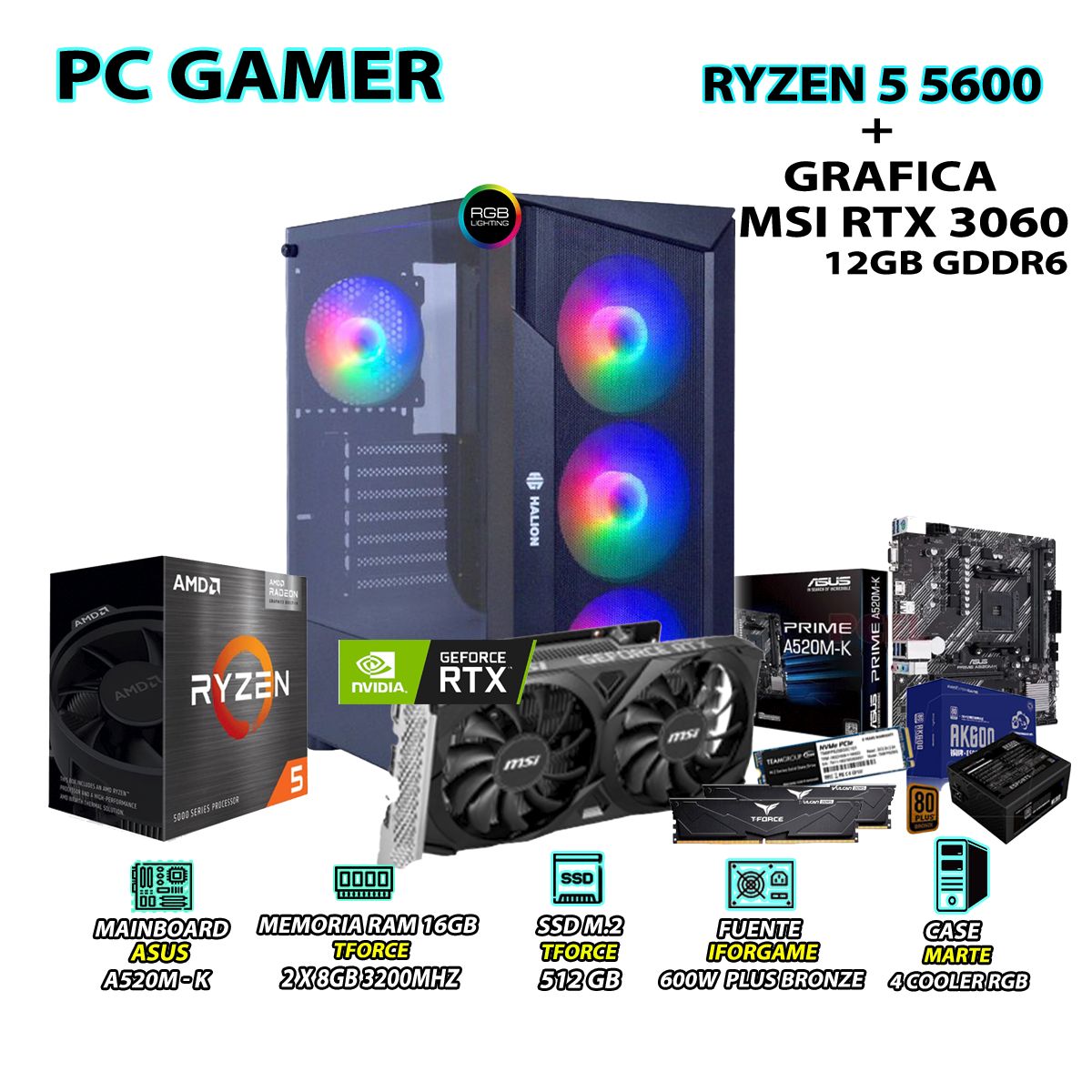 INTEL - Computadora Gamer Pro Ryzen 5 5600 RAM 16GB SSD 500GB RTX 5060 8GB