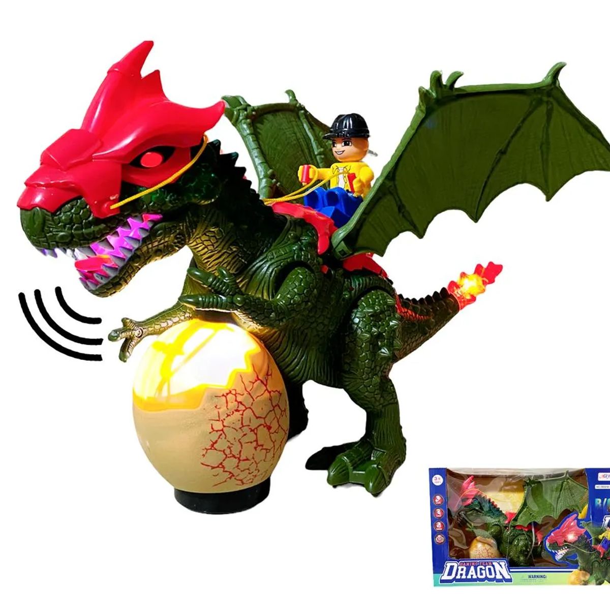 GENERICO - Dinosaurio verde con niño huevo luces y sonido realista
