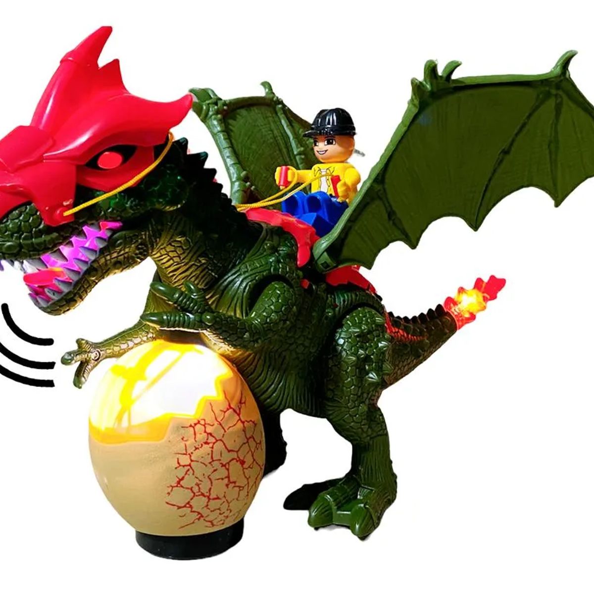 GENERICO - Dinosaurio verde con niño huevo luces y sonido realista