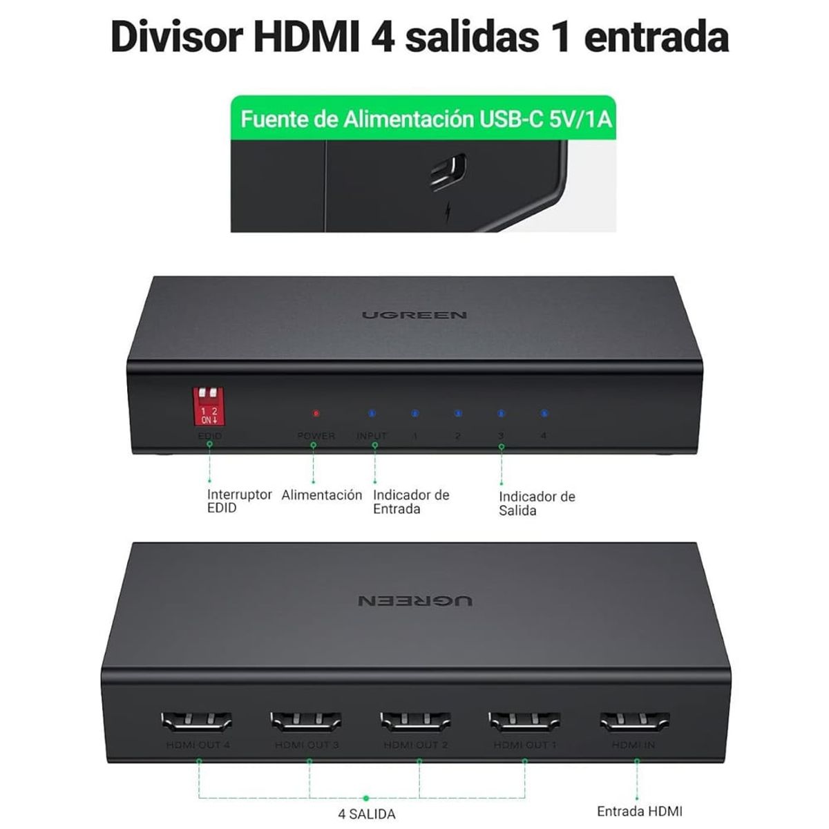 UGREEN - HDMI Splitter 1x4 2.0 UGREEN Full Hd 4K Multiplica Señal Conecta 4 tv