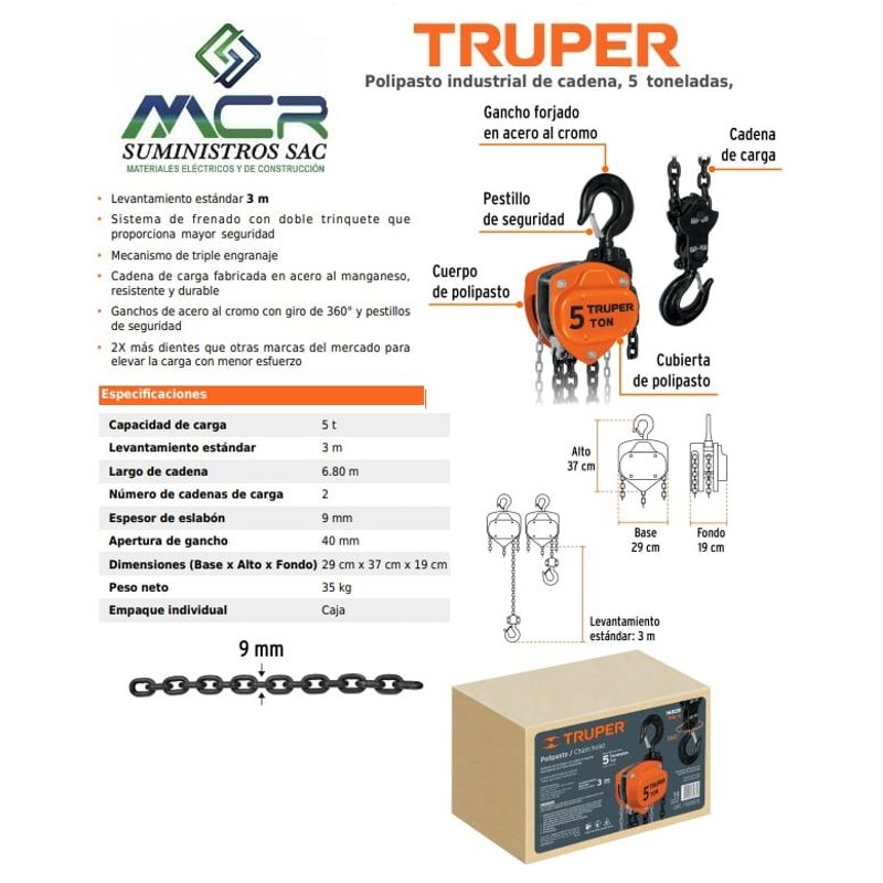 TRUPER - Tecle industrial con cadena de 5 toneladas Truper