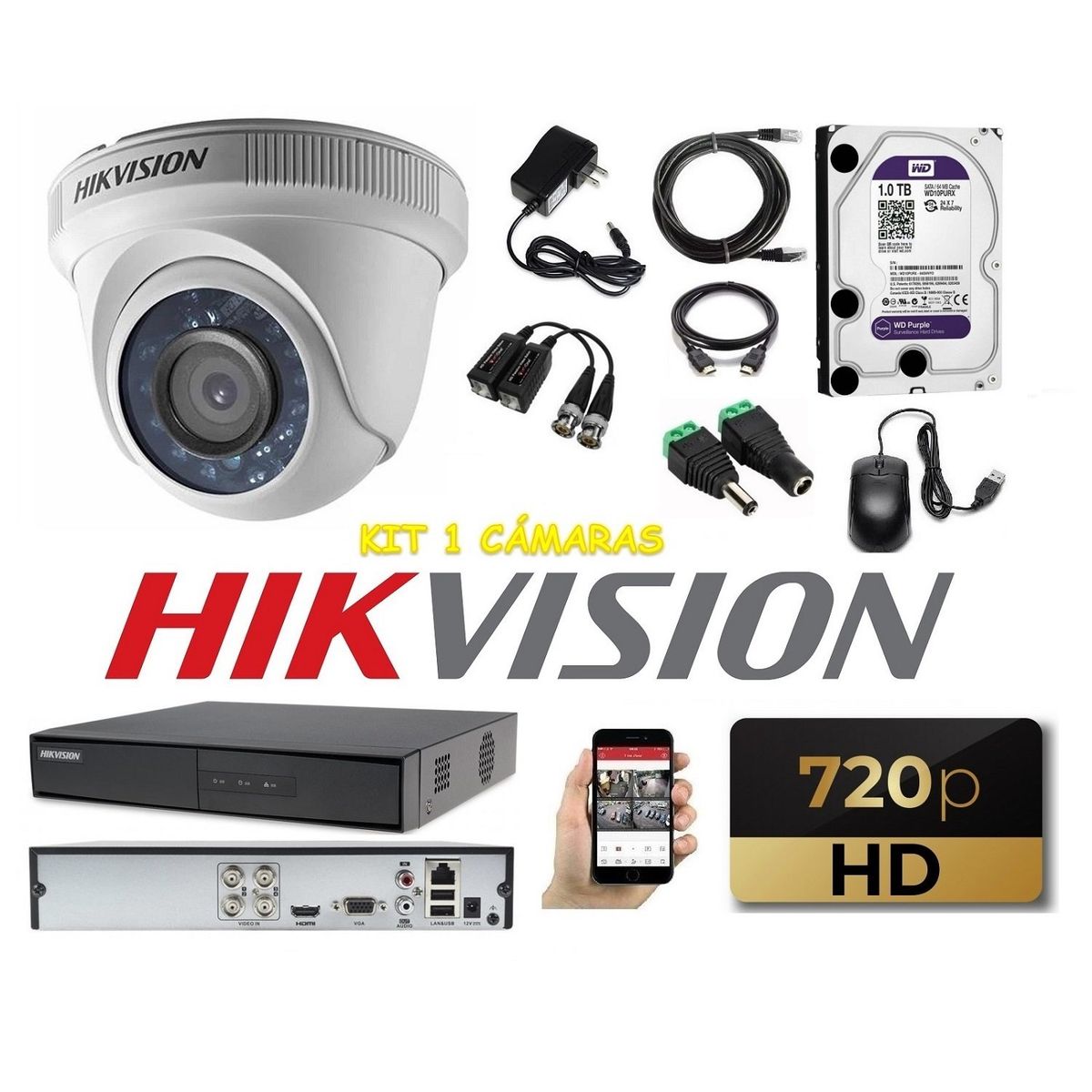 HIKVISION - kit 1 Cámaras Seguridad Domo Interior HD Hikvision + 1TB