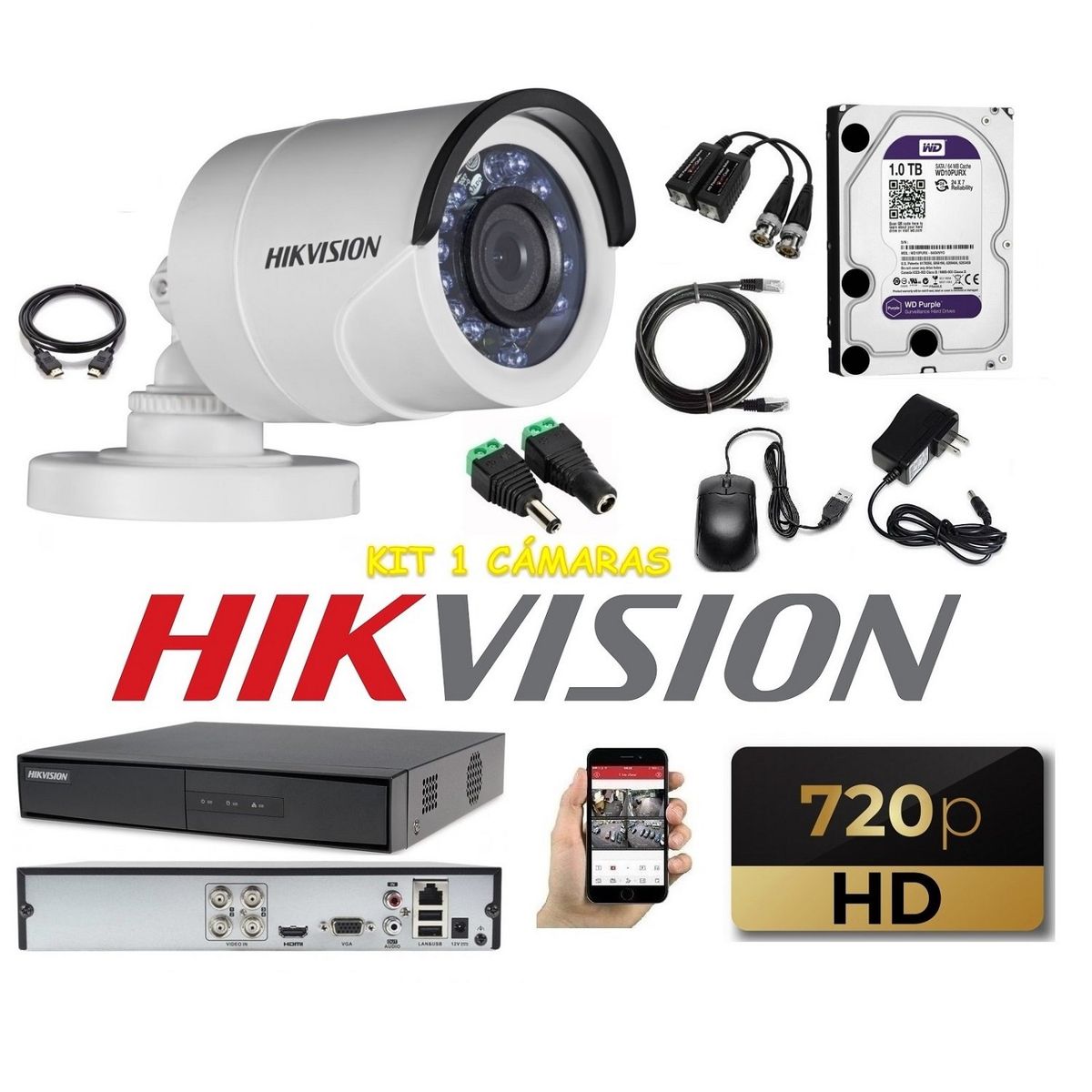 HIKVISION - kit 1 Cámaras Seguridad Tubo Exteriror HD Hikvision + 1TB