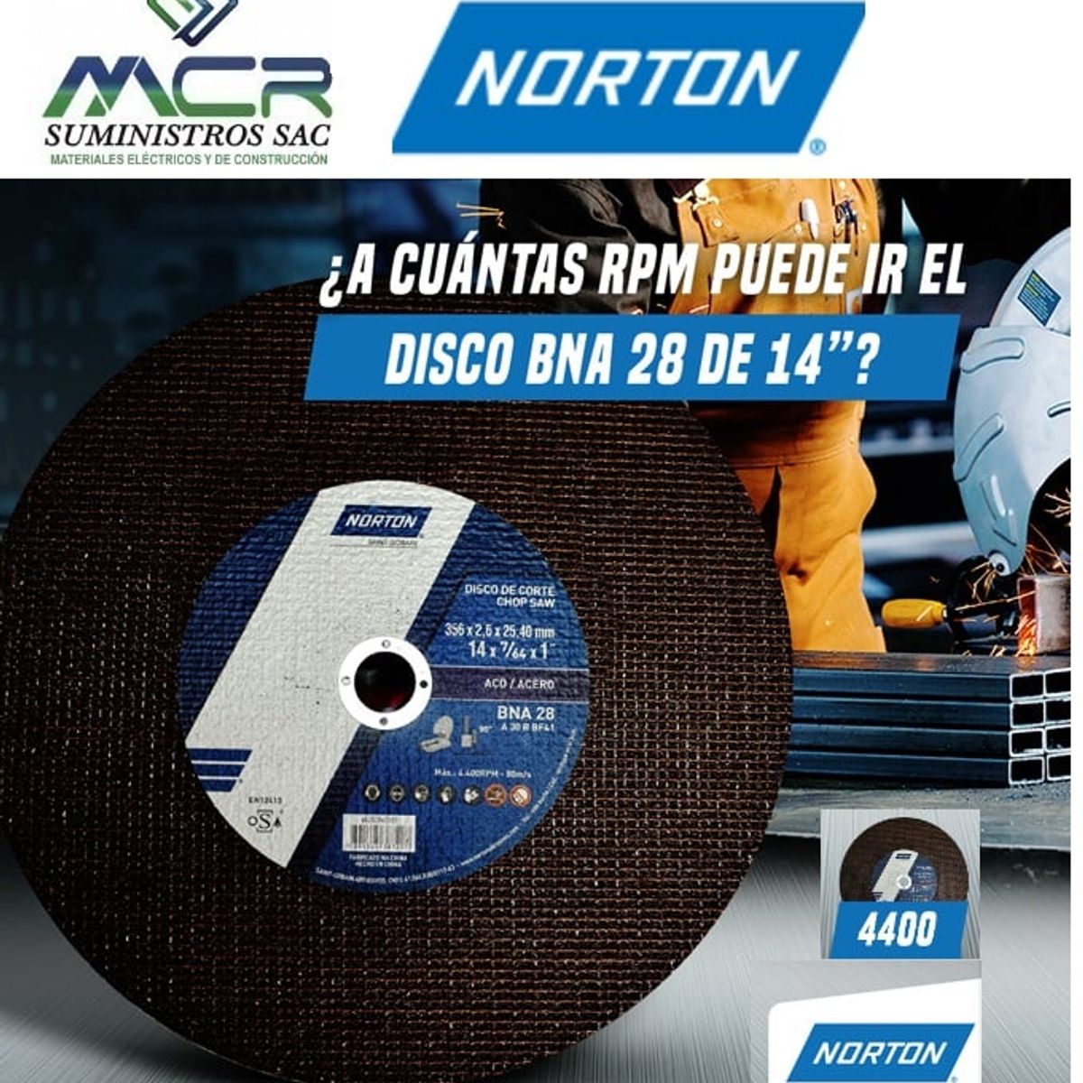 NORTON - Disco de corte de 14" x 7/64 x1" pulgada BNA 28 NORTON PARA TRONZADORA