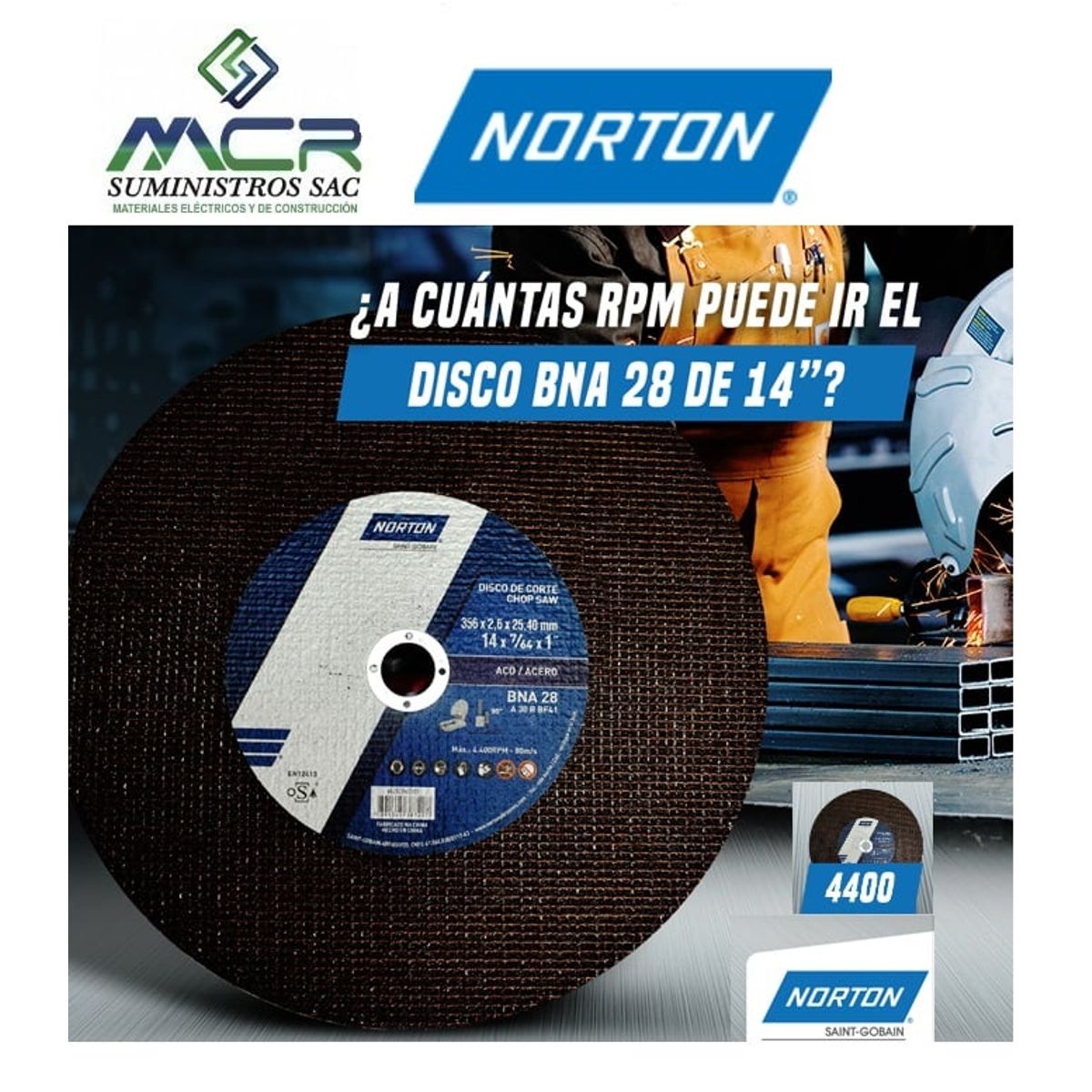 NORTON - Disco de corte de 14" x 7/64 x1" pulgada BNA 28 NORTON PARA TRONZADORA