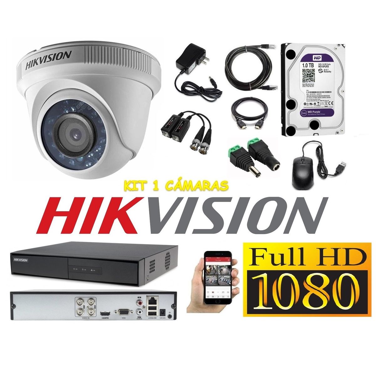 HIKVISION - kit 1 Cámaras Seguridad Domo Interior FULLHD Hikvision + 1TB