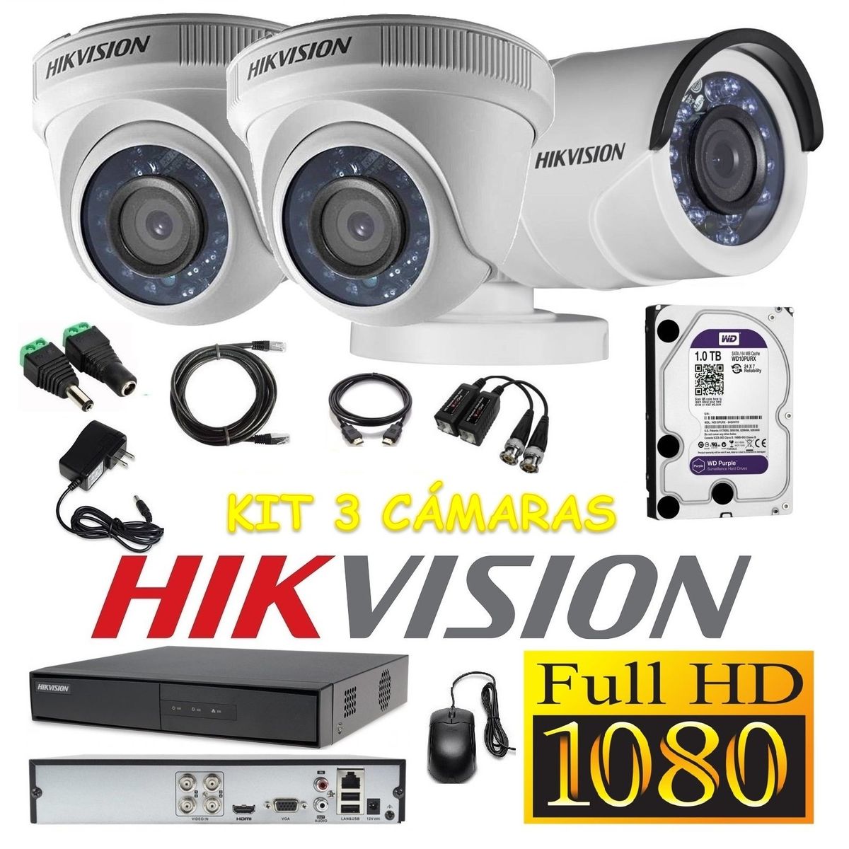 HIKVISION - kit 3 Cámaras Seguridad FULLHD Hikvision 1tb