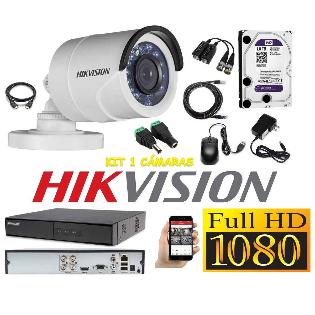 HIKVISION - kit 1 Cámaras Seguridad Tubo Exteriror FULLHD Hikvision + 1TB