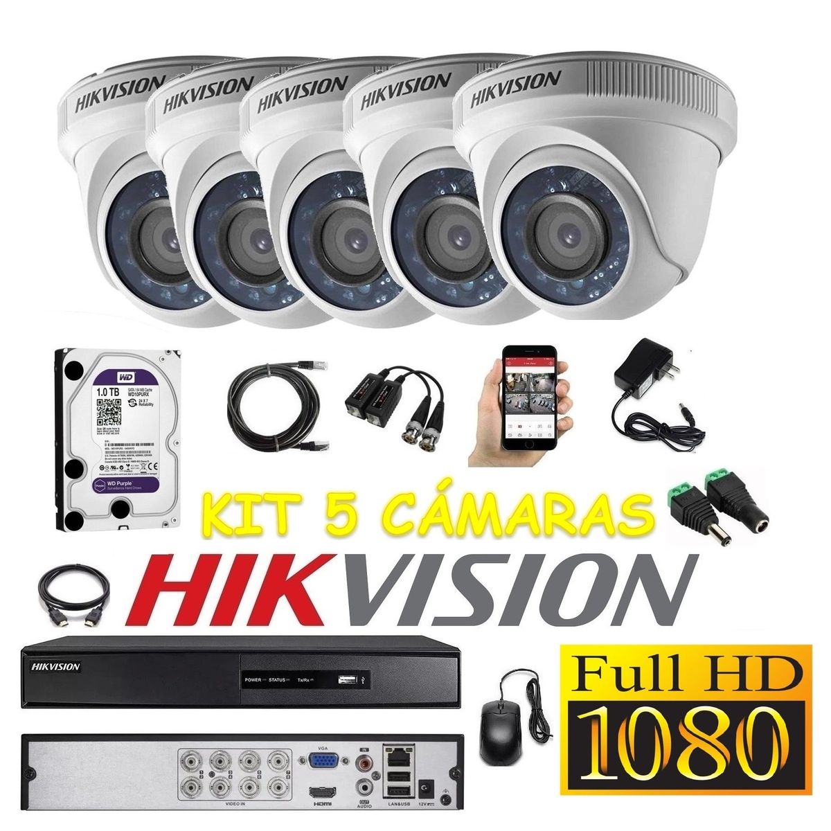 HIKVISION - kit 5 Cámaras Seguridad Domo FULLHD Hikvision 1tb