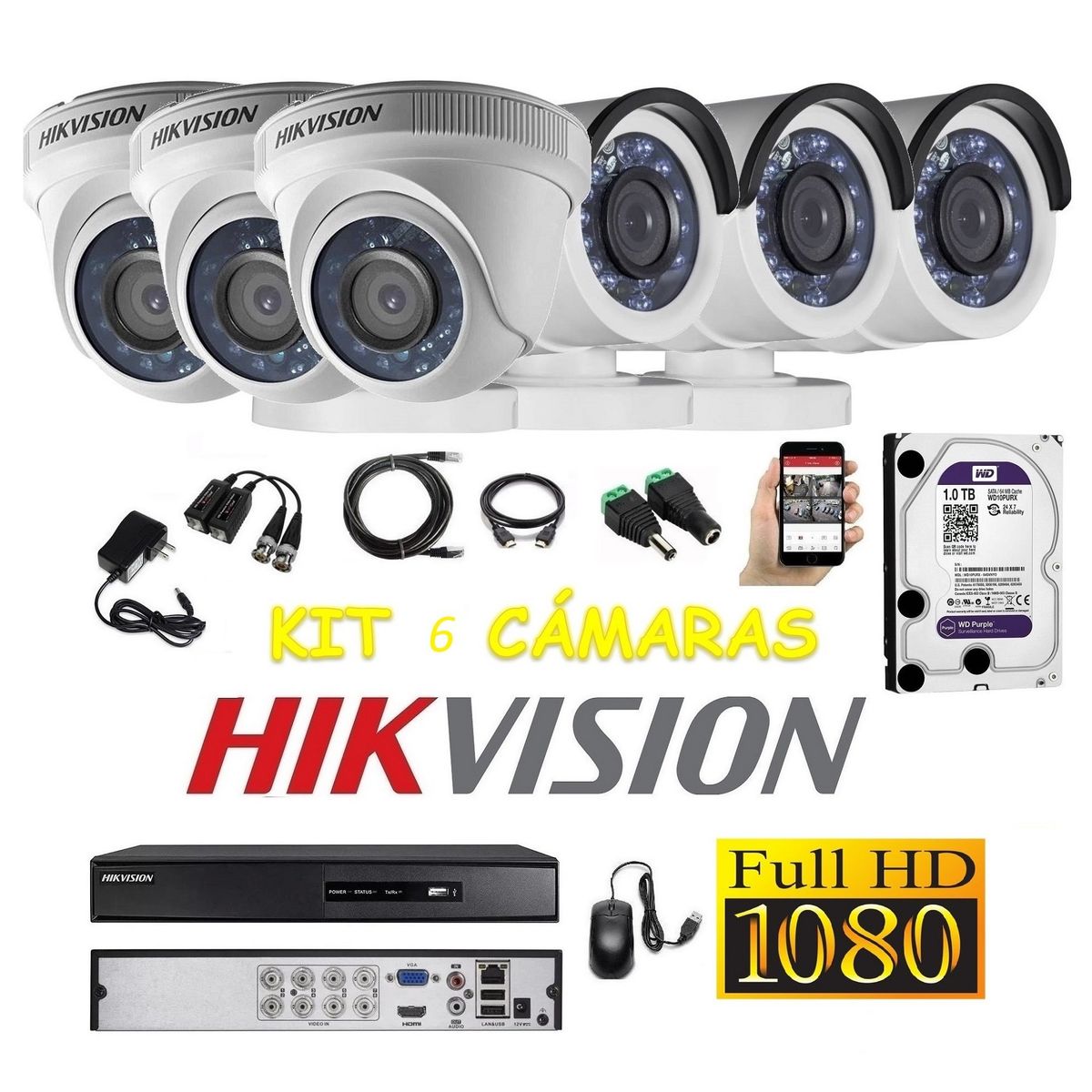 HIKVISION - kit 6 Cámaras Seguridad FULLHD Hikvision 1tb