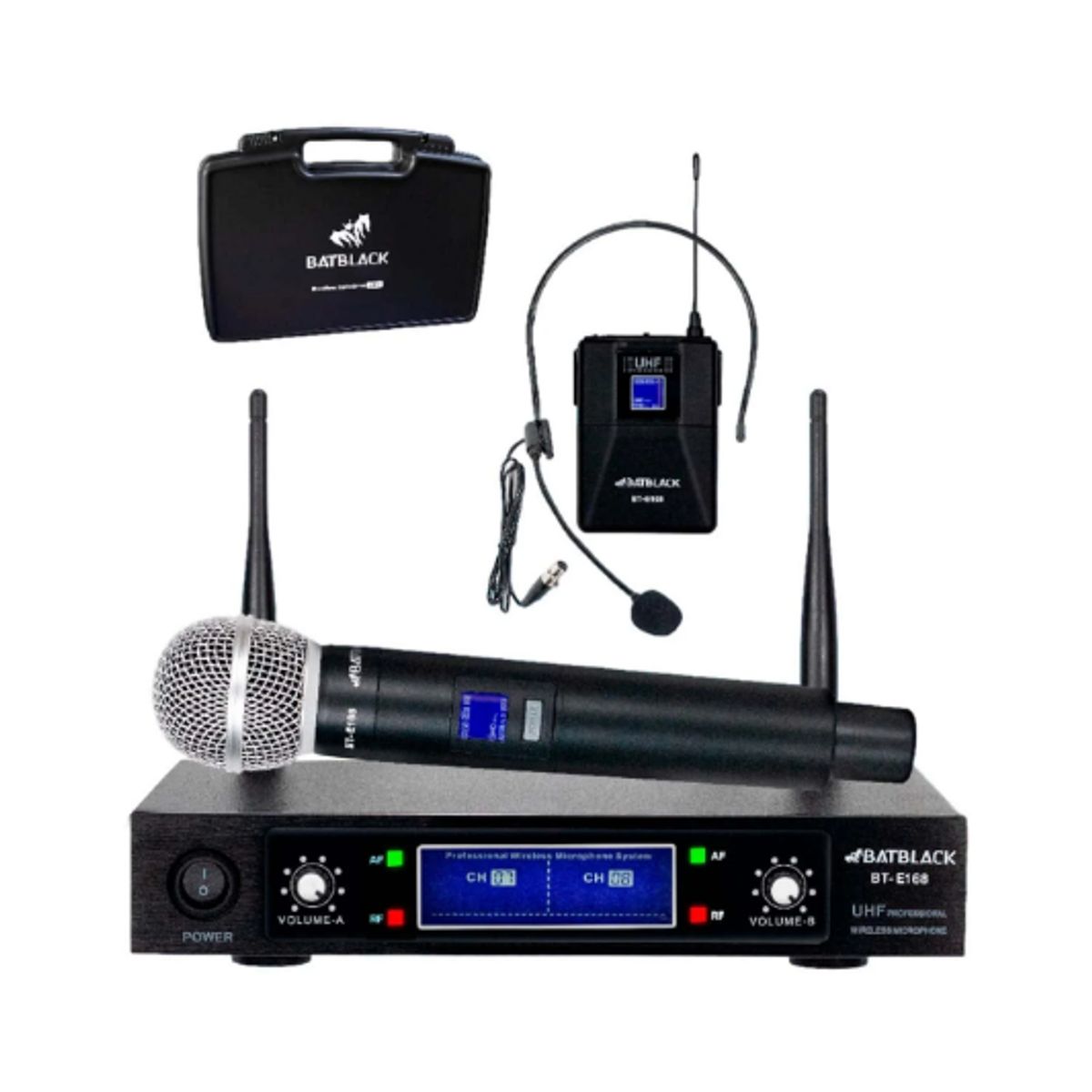 BATBLACK - Micrófono Inalámbrico Doble Manual y Vincha UHF BT-E168 BATBLACK