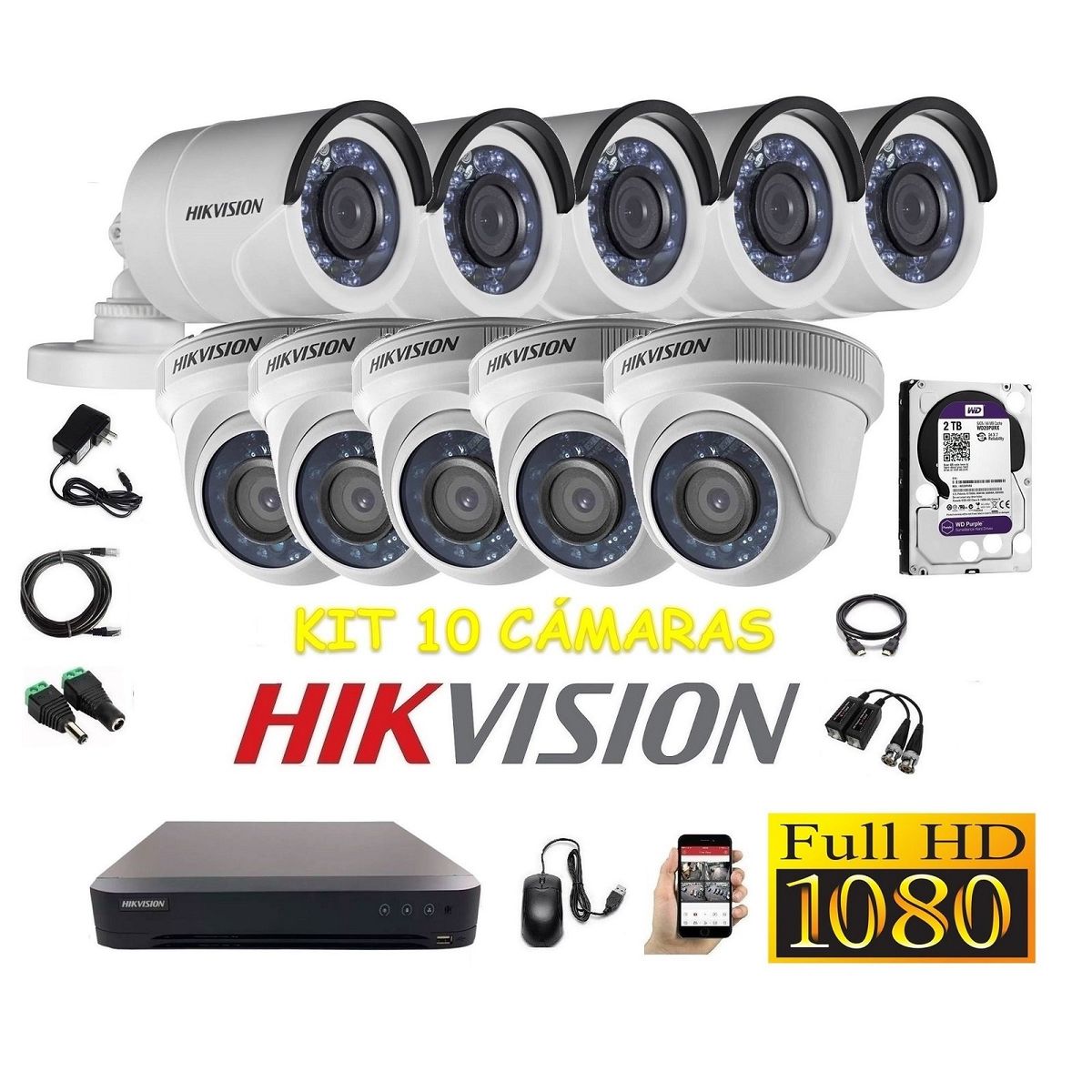 HIKVISION - kit 10 Cámaras Seguridad FULLHD Hikvision 2tb