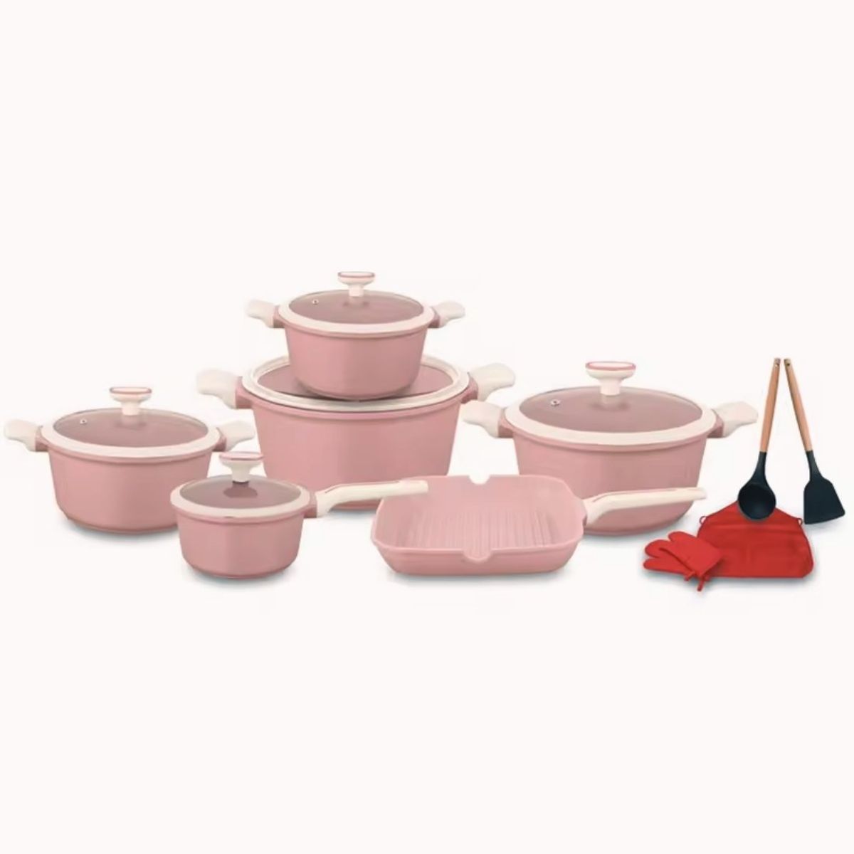 PENTHA - Juego de Ollas con Revestimiento de Granito - 16 Piezas Color Rosa