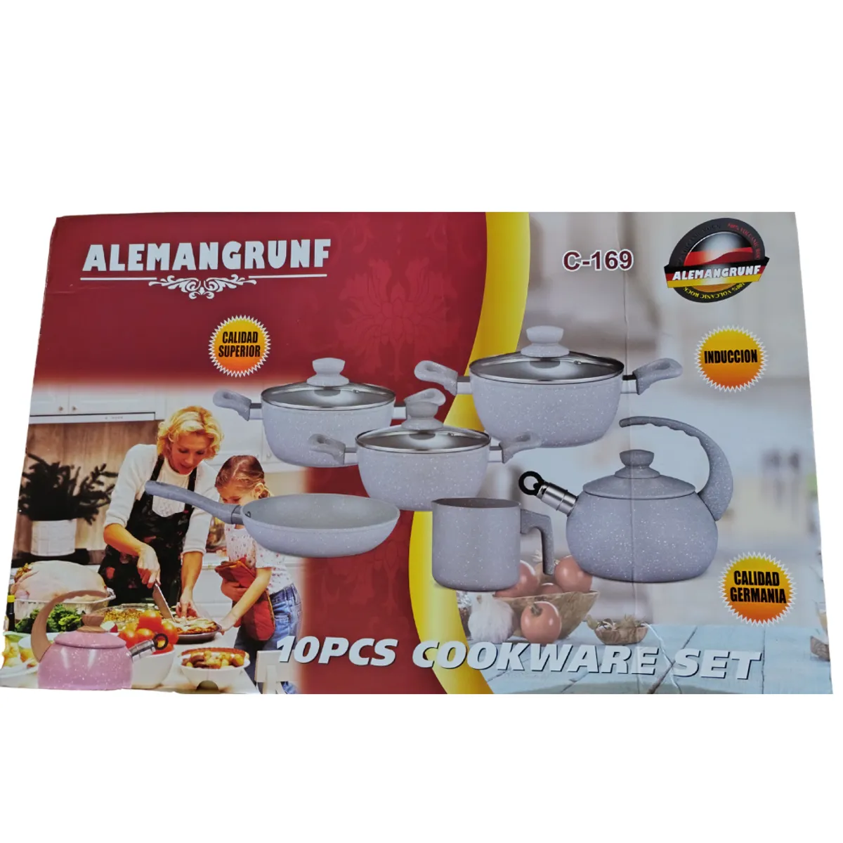 ALEMANGRUNF - Juego de Olla de Roca Volcánica Antiadherente y Liviana por 10 Piezas