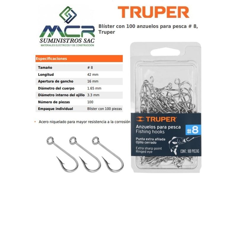 TRUPER - anzuelos para pesca # 8 Truper BLISTER DE 100UND
