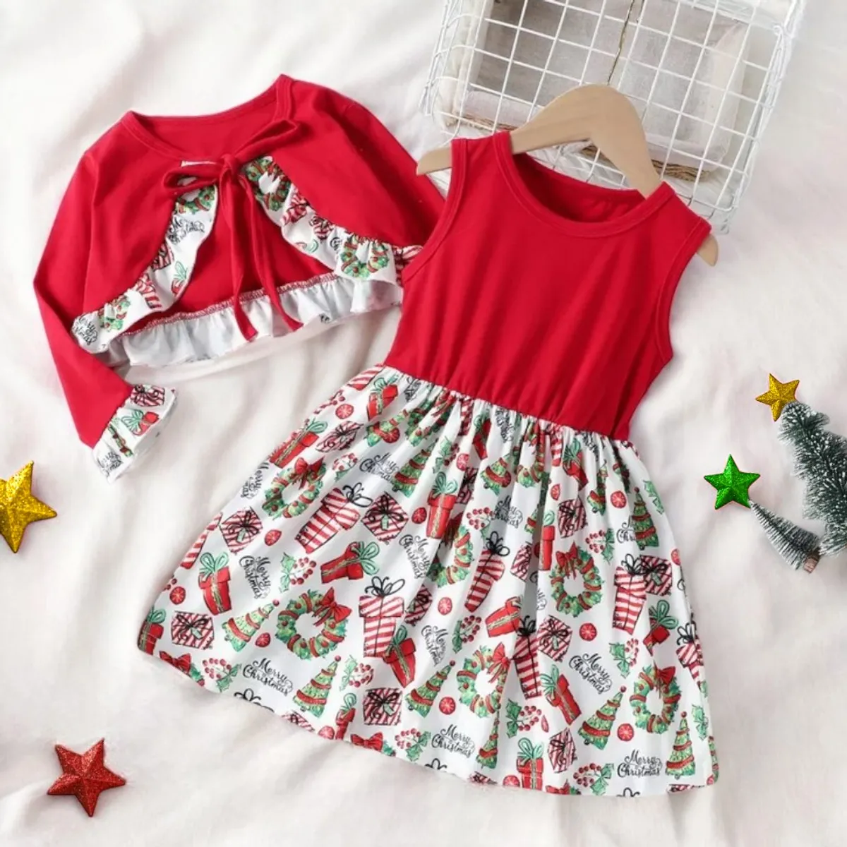 GENERICO - VESTIDO DE NIÑA DISEÑO DE NAVIDAD  VESTIDO + CHALECO