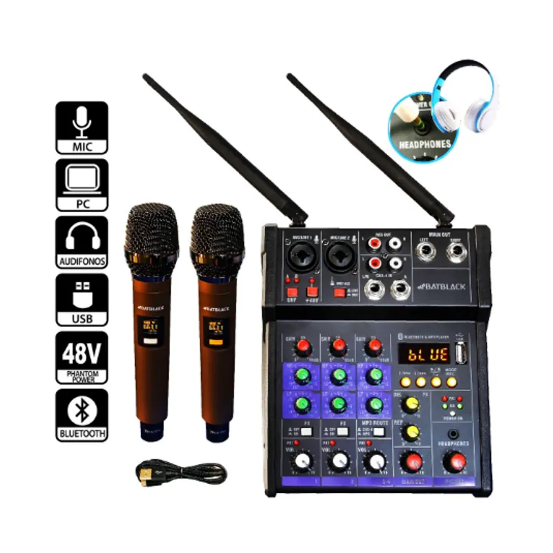 BATBLACK - Mixer con Micrófonos Inalámbricos UHF y Bluetooth BT-M4G2 BATBLACK