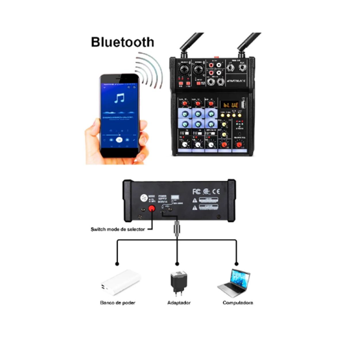 BATBLACK - Mixer con Micrófonos Inalámbricos UHF y Bluetooth BT-M4G2 BATBLACK