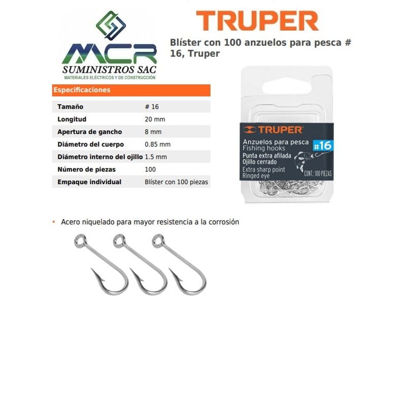 TRUPER - anzuelos para pesca # 16 Truper BLISTER DE 100UND
