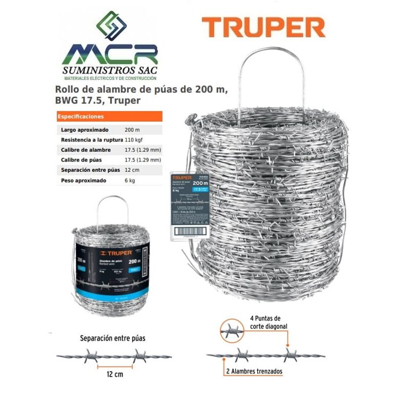 TRUPER - Rollo de alambre de púas de 200 m  BWG 17.5 Truper