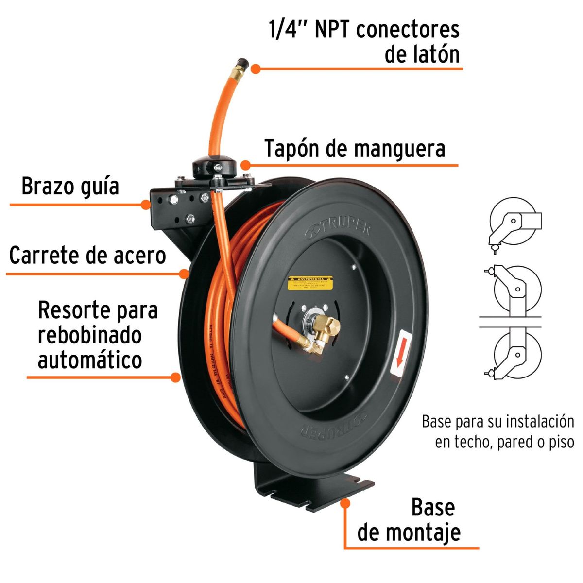 TRUPER - Manguera de aire 15m x 38carrete retráctil Rebobinado automático