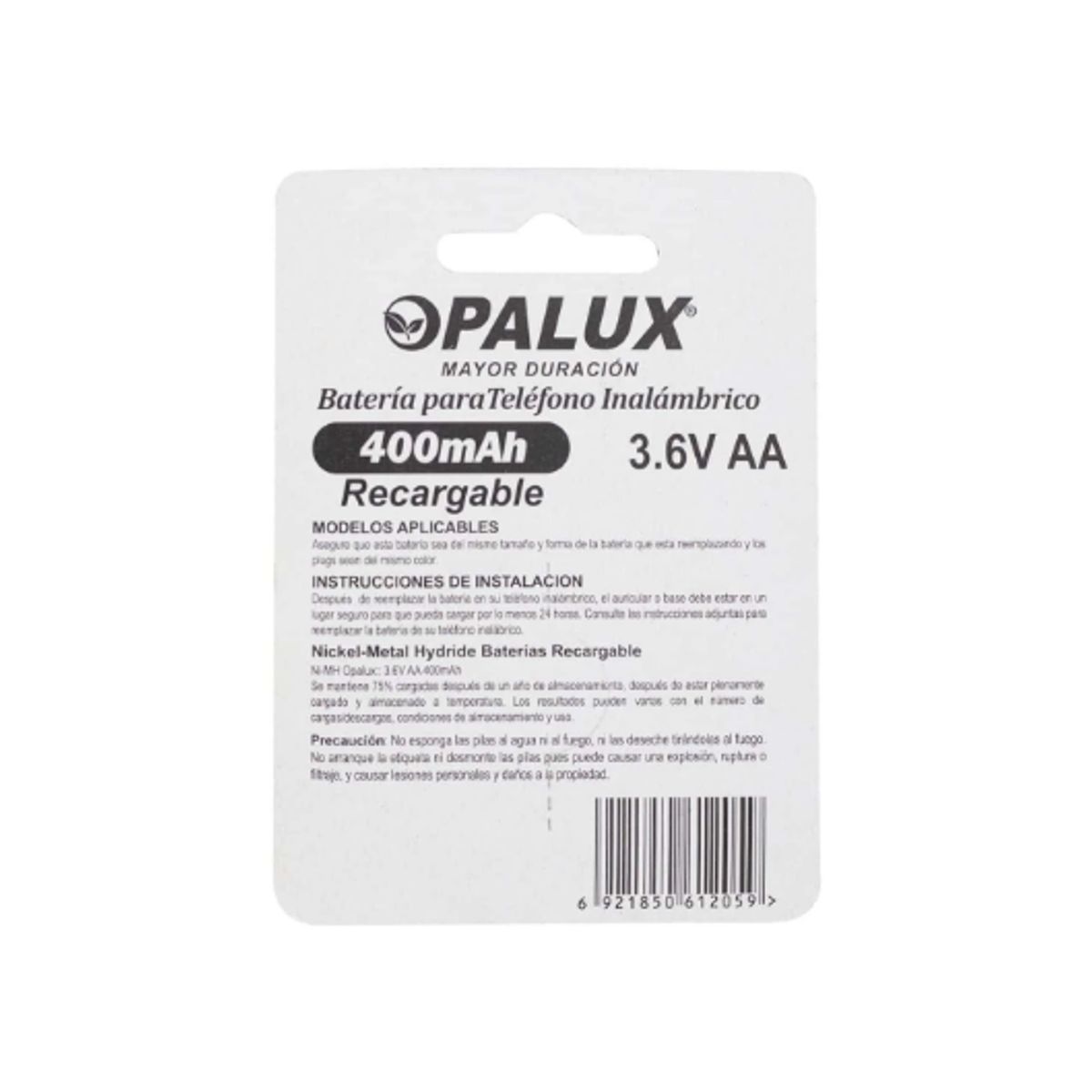 OPALUX - Batería Recargable AA NI-MH para Teléfono Inalámbrico 400mAH 36V