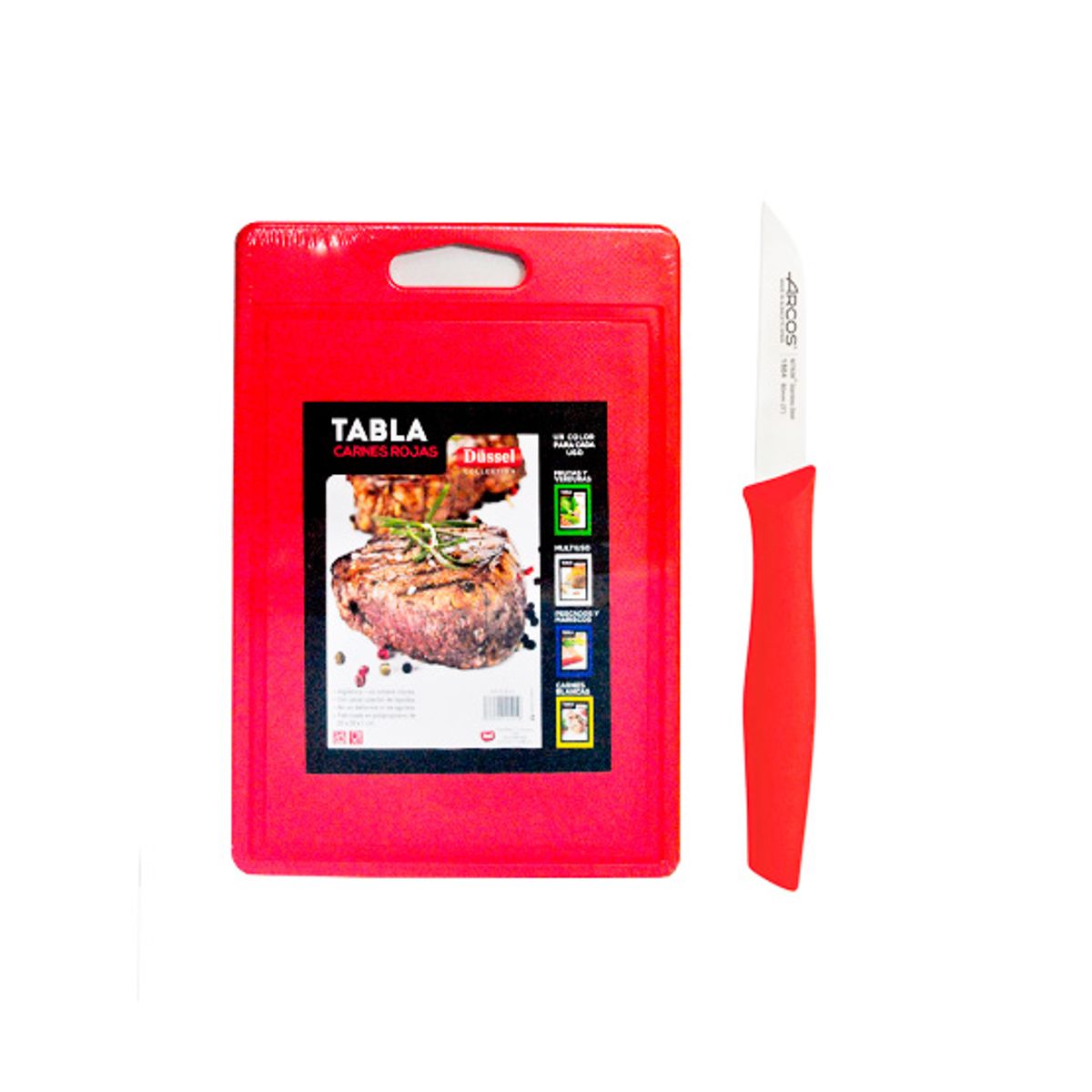 DUSSEL - Pack tabla cortar 25x35x1 cm  con cuchillo pelador 8 cm rojo