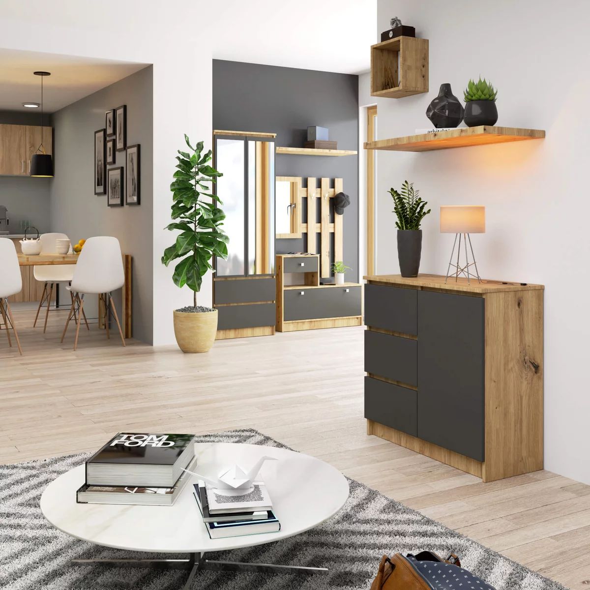 TU MESITA - Cómoda Recibidor Jimy color RobleNegro 3 cajones 1 puerta TU MESITA