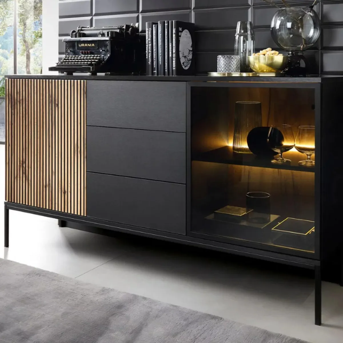 TU MESITA - Aparador Moderno Rally con LED color NegroMarrón 3 cajones TU MESITA