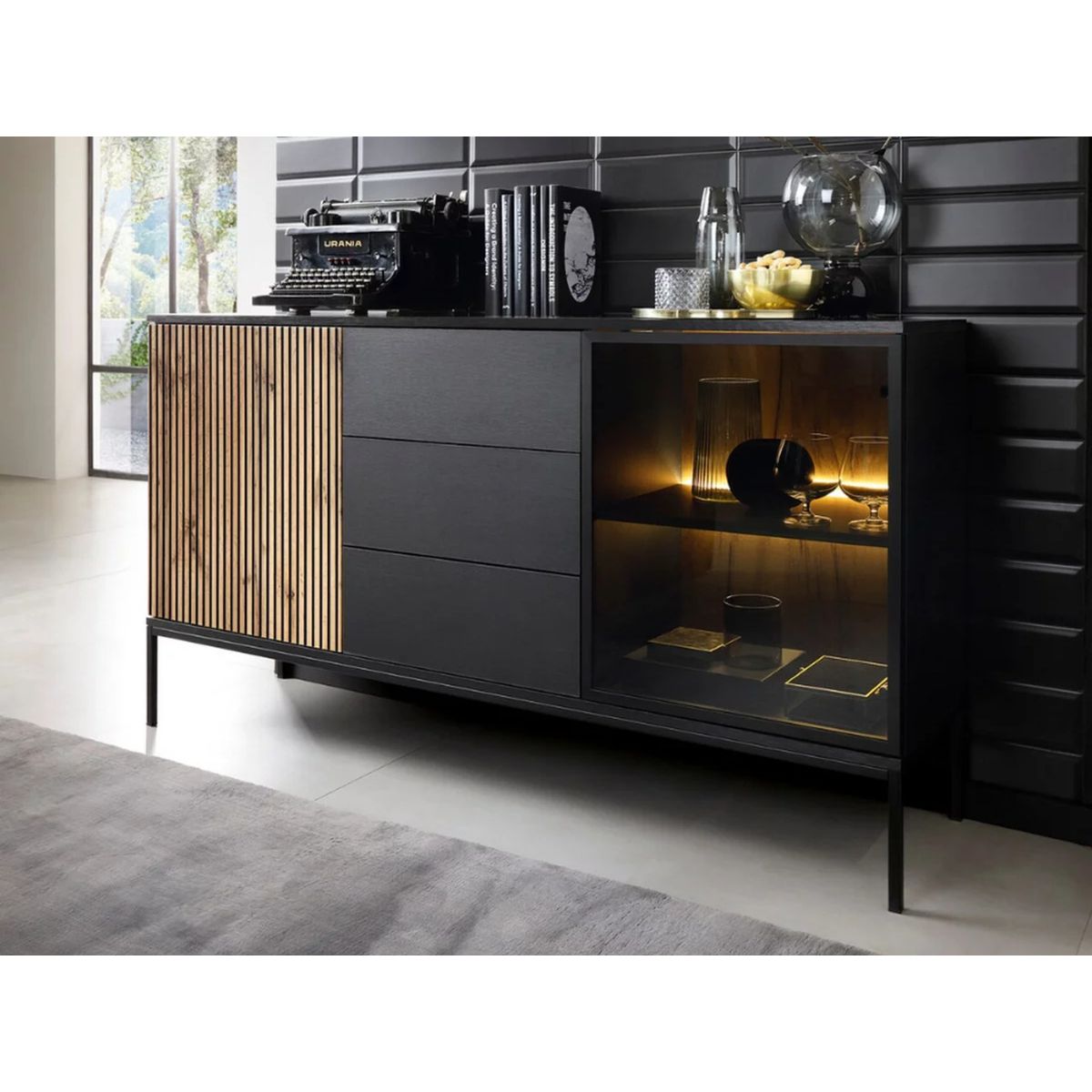 TU MESITA - Aparador Moderno Rally con LED color NegroMarrón 3 cajones TU MESITA