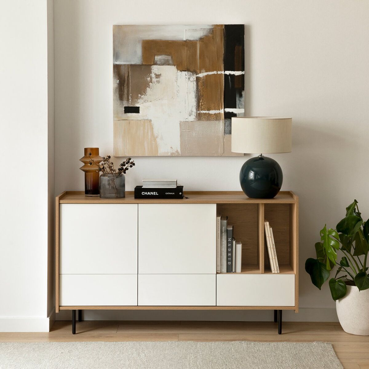 TU MESITA - Aparador Moderno Florida color MarrónBlanco 2 puertas 3 cajones TU MESITA