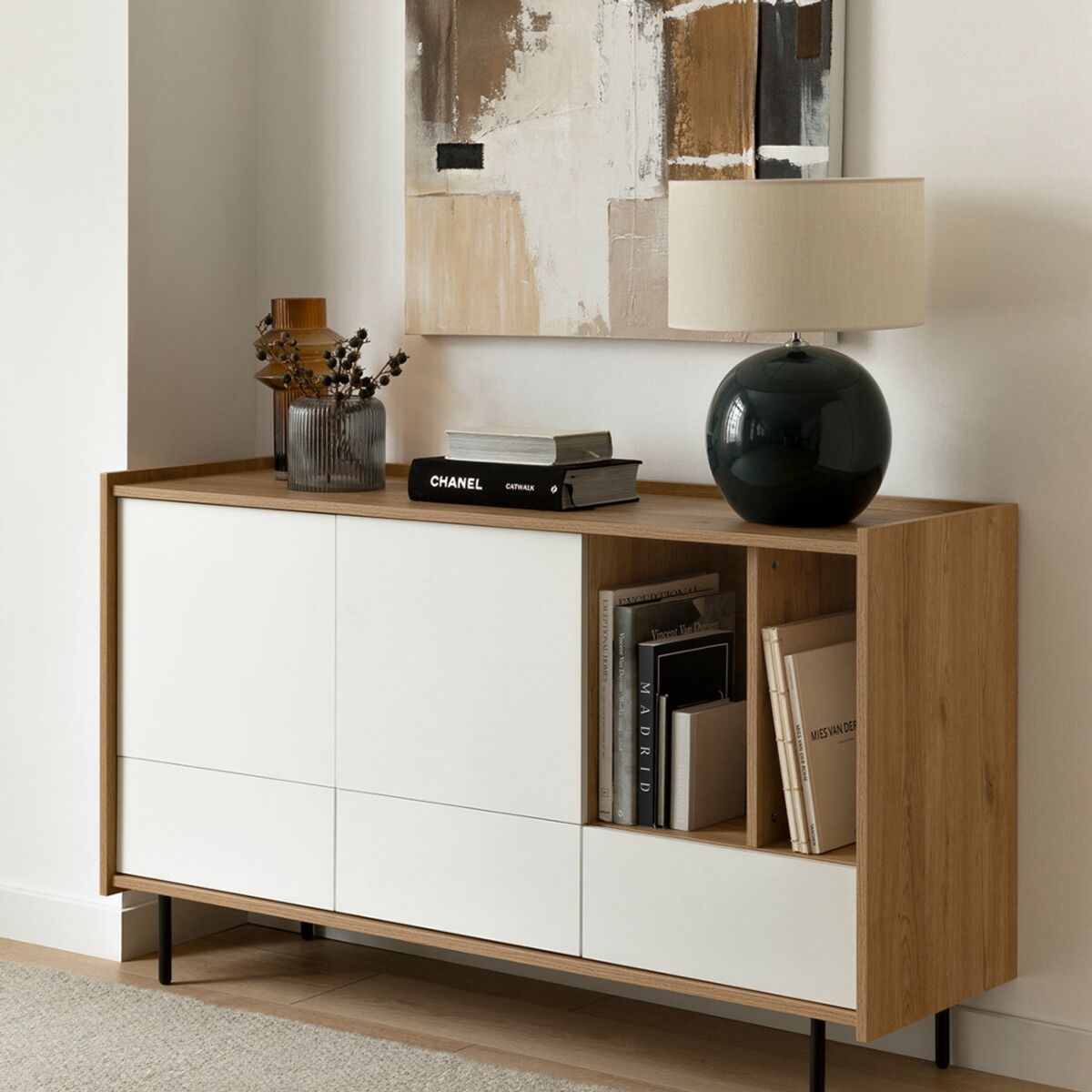 TU MESITA - Aparador Moderno Florida color MarrónBlanco 2 puertas 3 cajones TU MESITA