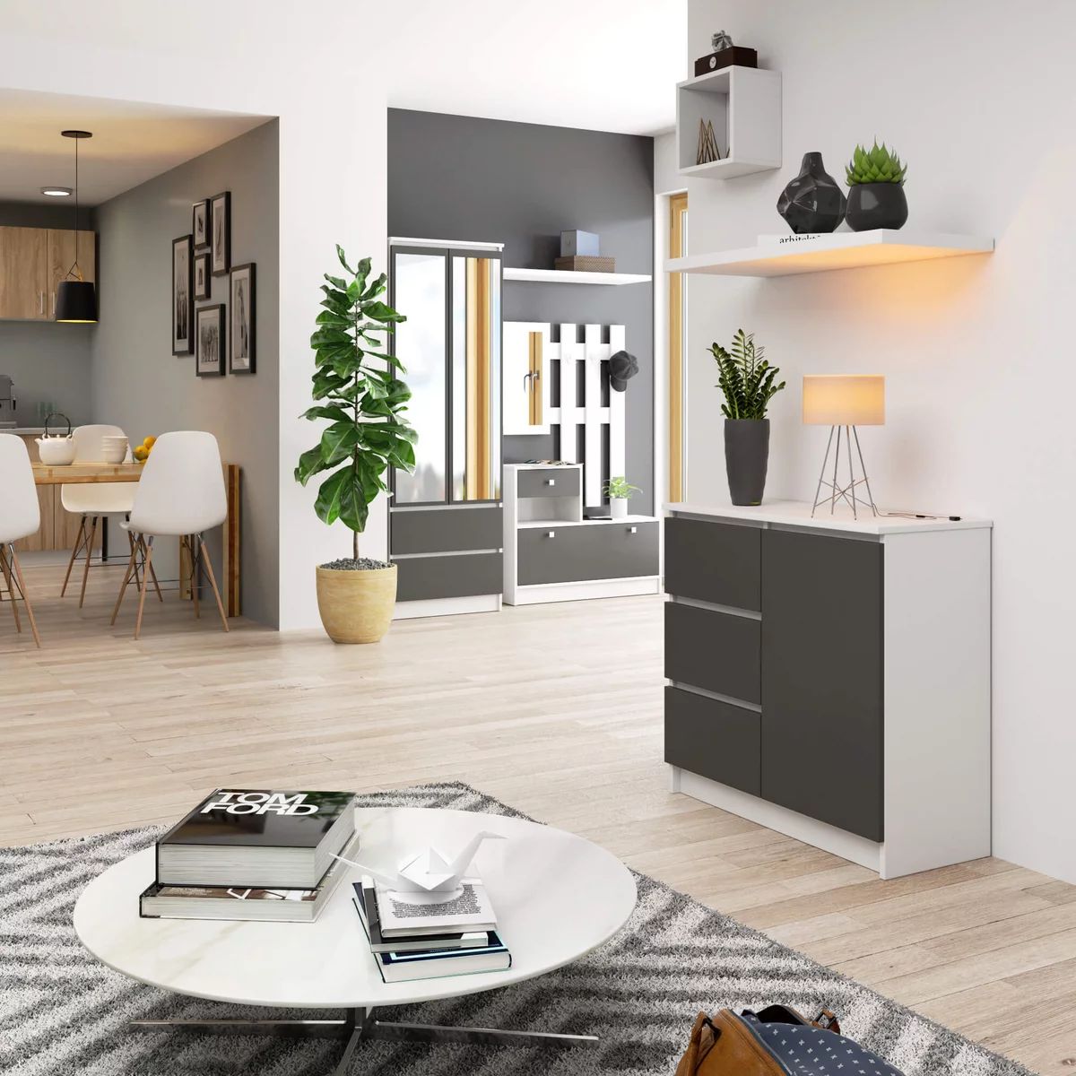 TU MESITA - Cómoda Recibidor Jimy color BlancoNegro 3 cajones 1 puerta TU MESITA