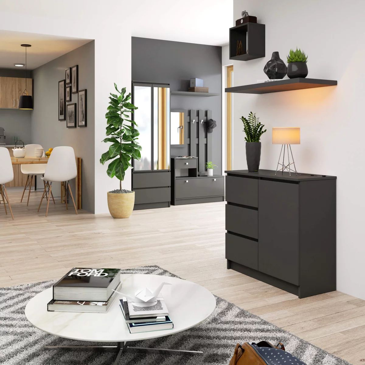 TU MESITA - Cómoda Recibidor Jimy color Negro 3 cajones 1 puerta TU MESITA