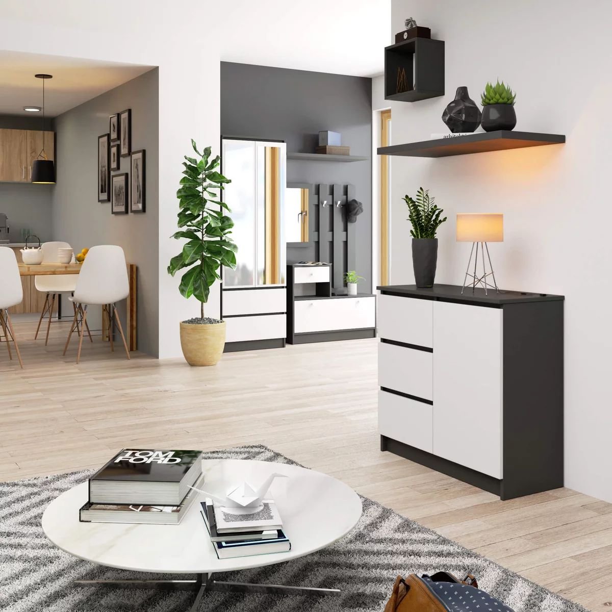 TU MESITA - Cómoda Recibidor Jimy color NegroBlanco 3 cajones 1 puerta TU MESITA