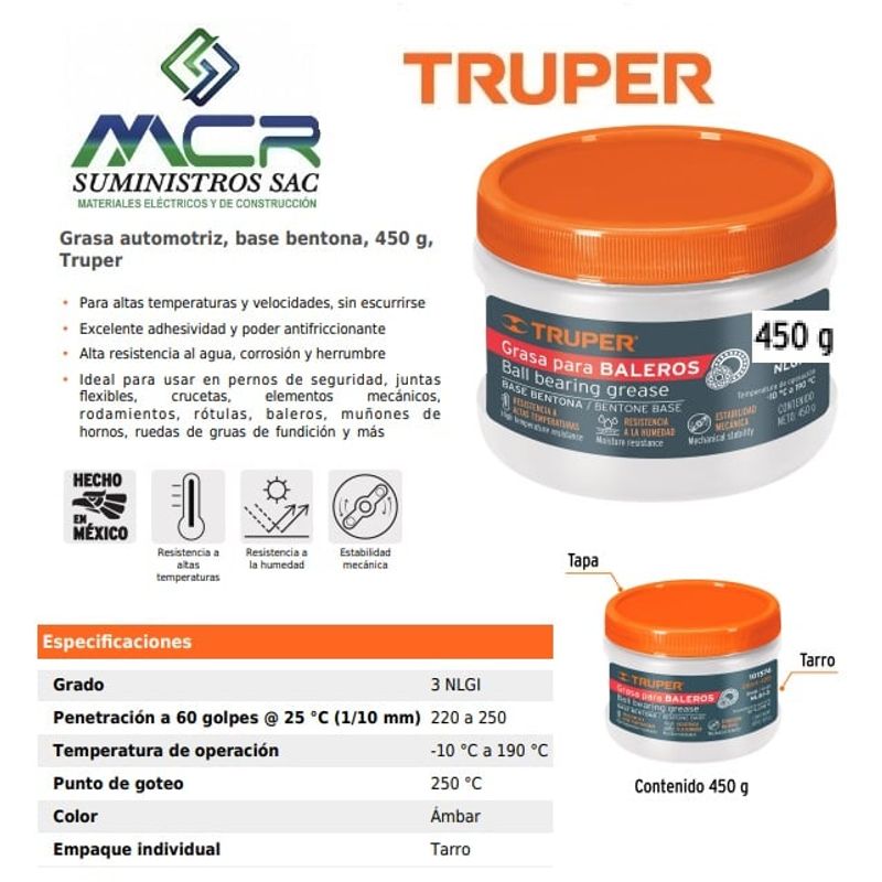 TRUPER - Grasa automotriz, base bentona, 450 g, Truper