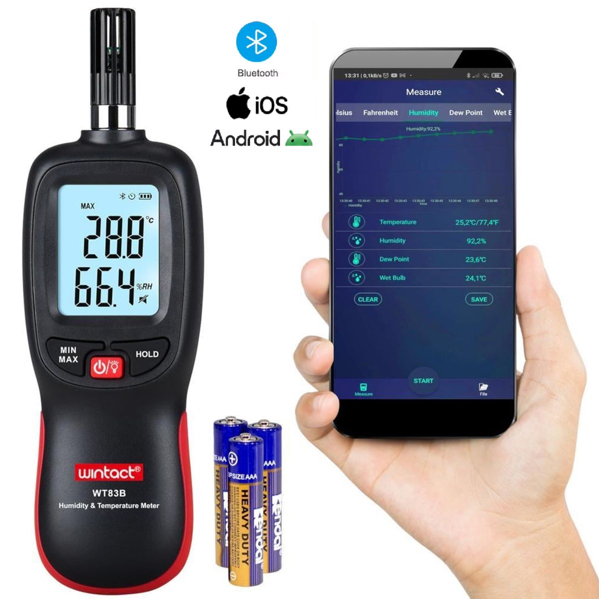 OEM - Termohigrómetro Higrómetro Data Logger con Bluetooth - WINTACT WT83B