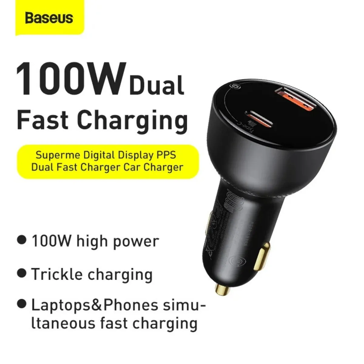 BASEUS - Cargador de Auto Carga Rápida 100 W QC Dual USB Tipo C