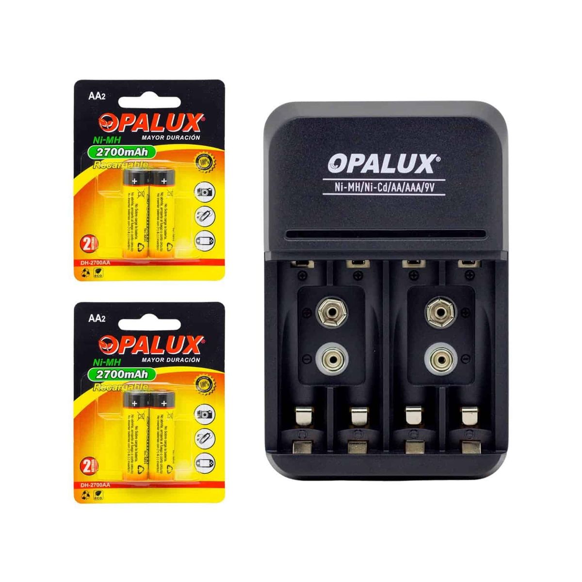 OPALUX - Kit Cargador de pilas 9V/AA/AAA con 4 pilas AA NiMH recargables